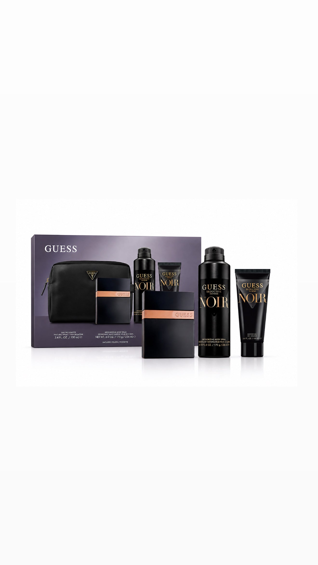 Guess Seductive Homme Noir 4 Piece Set (100ml EDT + 226ml Body Spray + 100ml Shower Gel + Pouch)