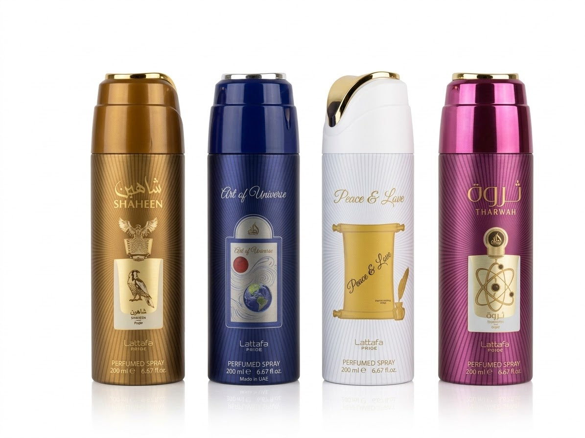 Lattafa Pride Deo Spray – Set me 4 Aroma të Ndryshme (Miks Femra, Meshkuj & Unisex)