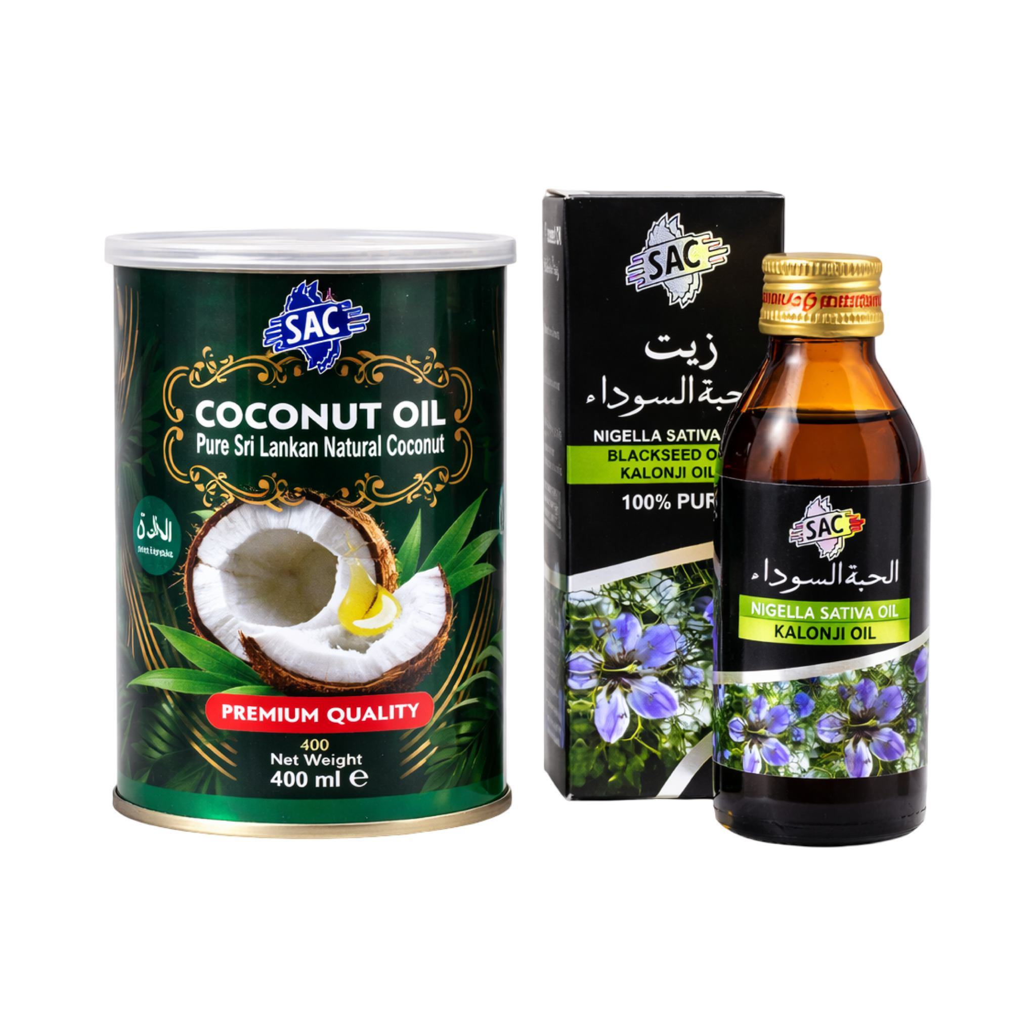 SAC Coconut Oil – Pure Sri Lankan Natural Coconut Oil 400ml & SAC Black Seed Oil – Nigella Sativa (Kalonji Oil) 60ml