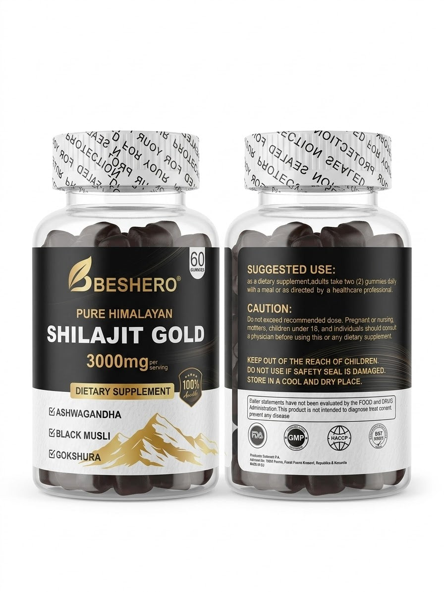 BESHERO Shilajit Gold Gummies 3000mg – Dy kutia 120 Copë Gummies