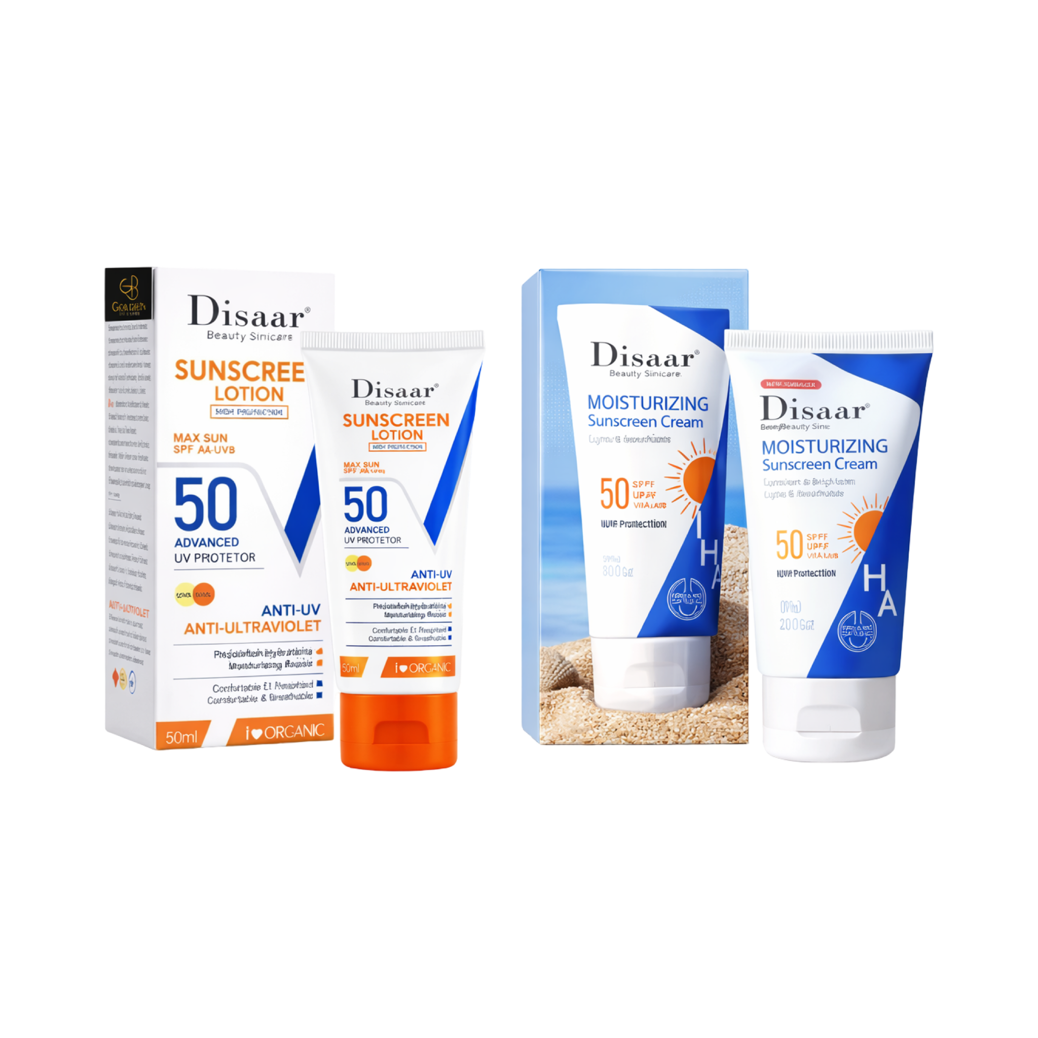 Disaar Sunscreen Lotion SPF 50 – Advanced UV Protector & Disaar Moisturizing Sunscreen Cream SPF 50 (HA) 50ml