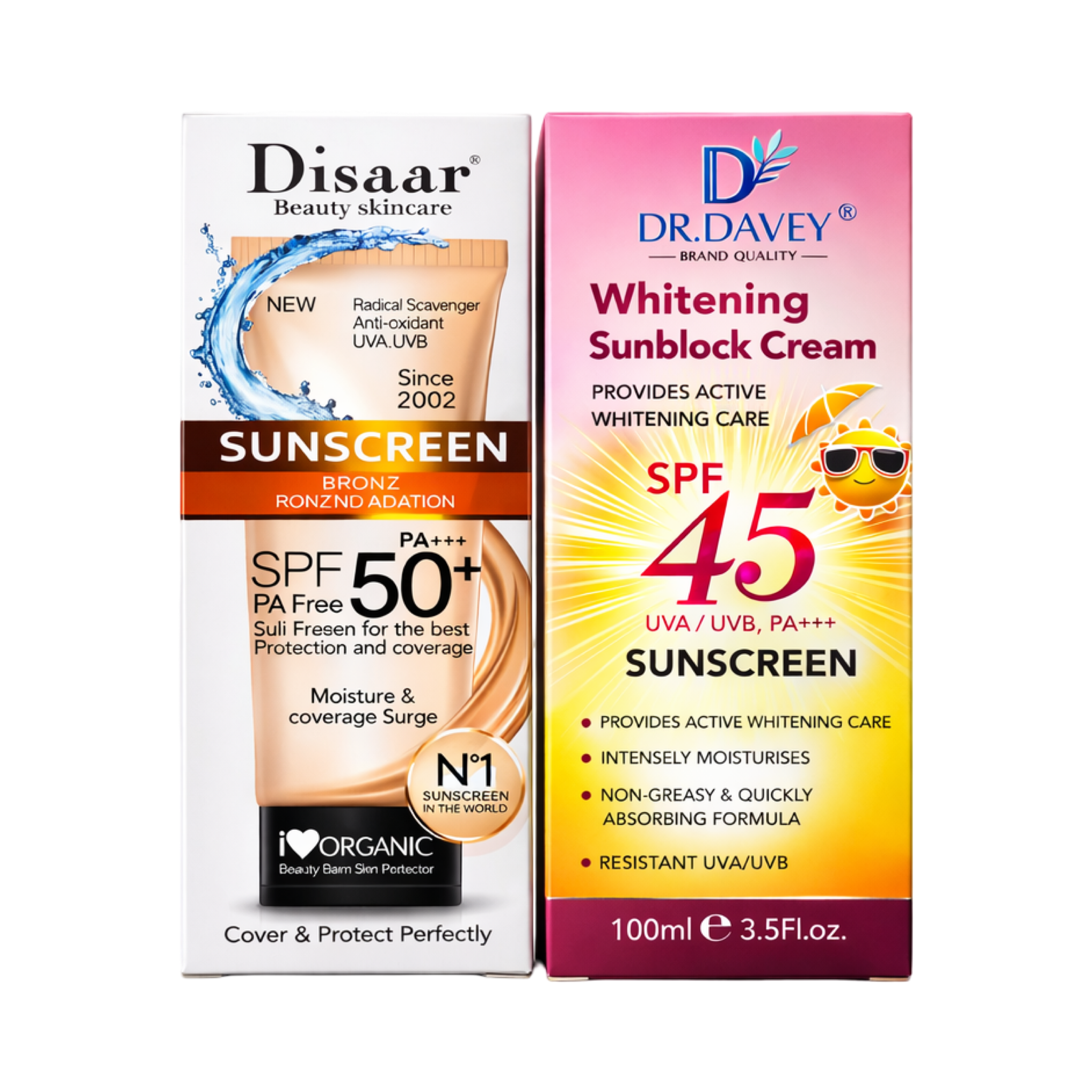 Disaar Sunscreen SPF 50+ PA+++ – Moisture & Coverage & Dr. Davey Whitening Sunblock Cream SPF 45 – 100ml